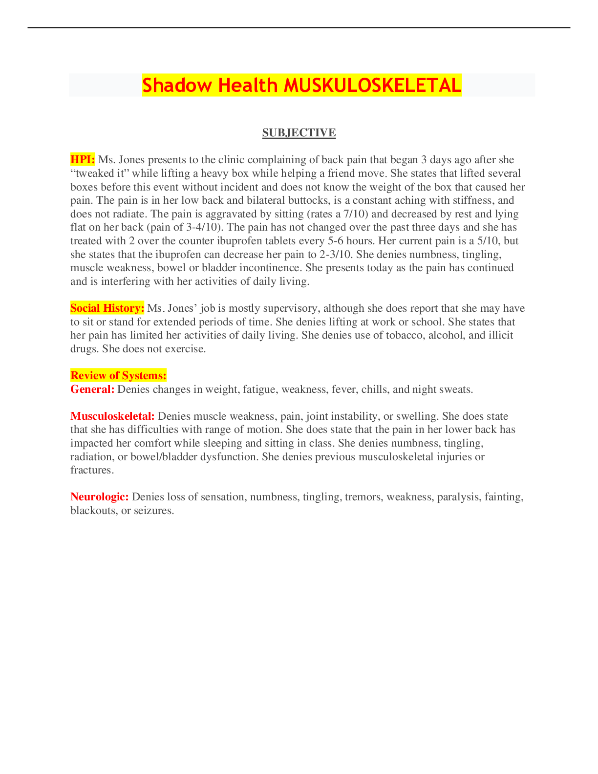 Preview image for Shadow Health MUSKULOSKELETAL BACKPAIN